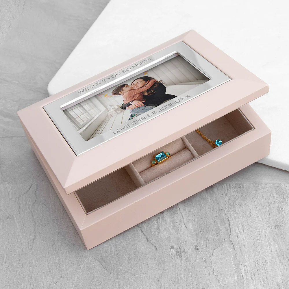 Personalised Blush Pink and Silver Photo Jewellery Box