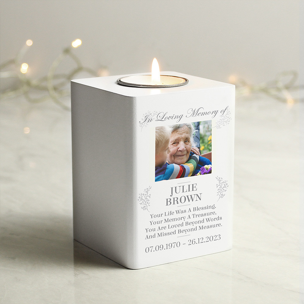 Personalised Memorial Photo White Wooden Tea Lighter Holder