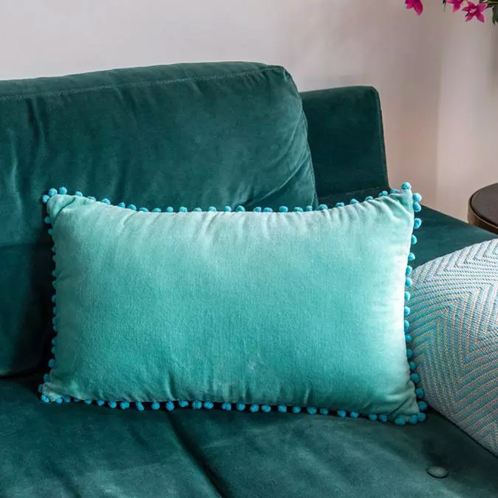 Velvet Pom Cushion Aqua