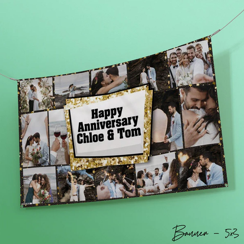 Personalised Photo Anniversary Gold Sparkle Banner