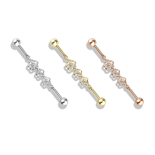 Triple Crystal Center Flower Chain 316L Surgical Steel Industrial Barbell