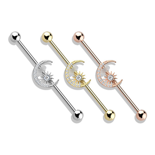 CZ Paved Moon with CZ Center Star 316L Surgical Steel Industrial Barbell