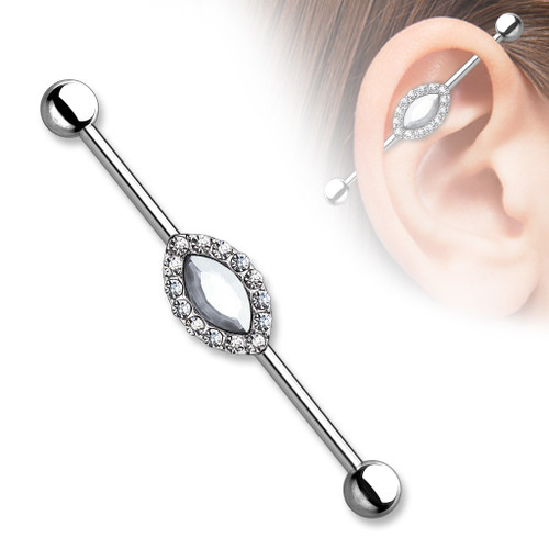 Marquise Crystal Center and Clear Crystals Around 316L Surgical Steel Industrial Barbells