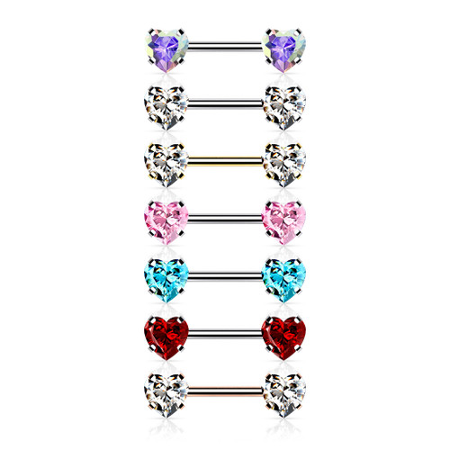 316L Surgical Steel Threadless Push in Nipple Barbells with Prong Set Heart CZ Ends