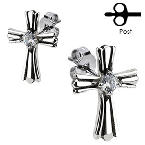 Pair of 316L Surgical Stainless Royal Cross with Clear CZ Center Stud Earring