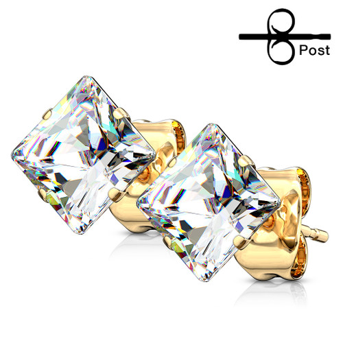 Pair of Gold Plated 316L Surgical Stainless Steel Stud Earring with Princess Cut Square Clear CZ