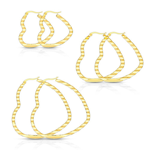 Gold Overlay Pair of Wave Pattern Heart Shaped 316L Stainless Steel Hoop Earrings