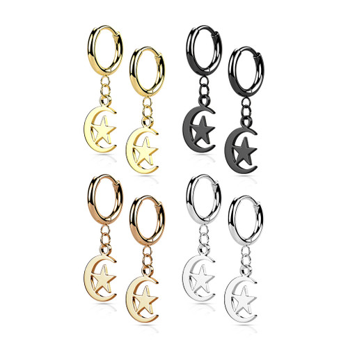 Pair of 316L Stainless Steel Hinged Hoop Earrings with Moon and Star Dangle