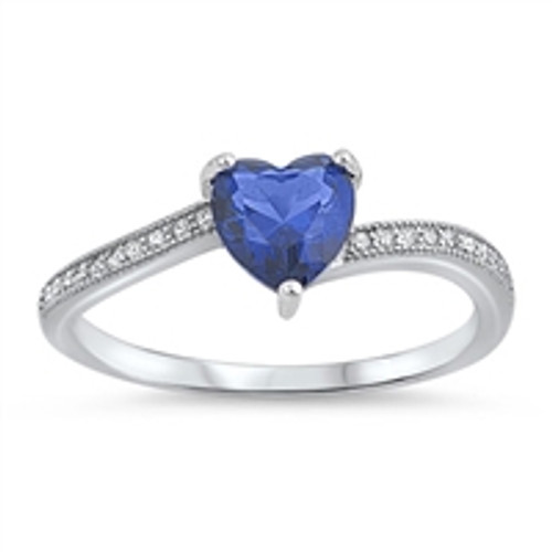 Blue Sapphire, Clear CZ Heart Sterling Silver
