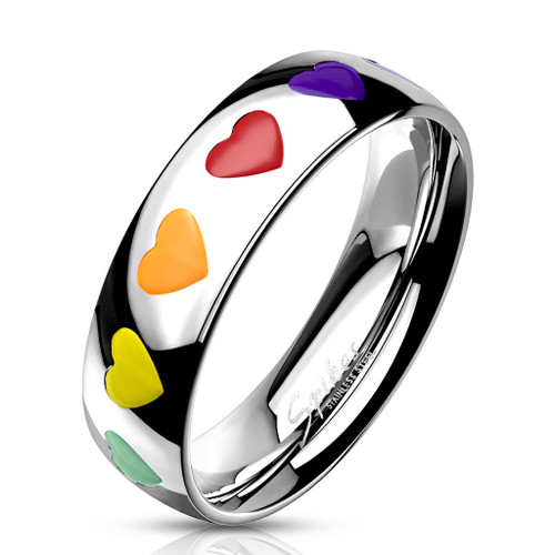 Rainbow Hearts Dome Band Ring Stainless Steel