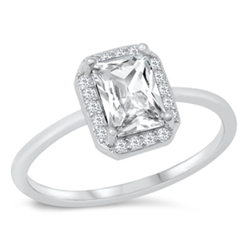 Silver CZ Ring Emerald Cut with Halo