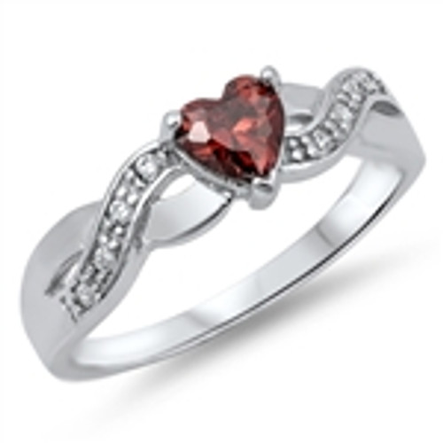 Silver CZ Ring - Garnet  Heart