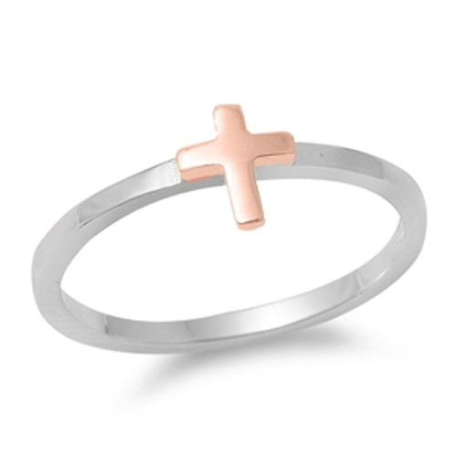 Rhodium and Rose Gold Plated Silver Ring - Cross