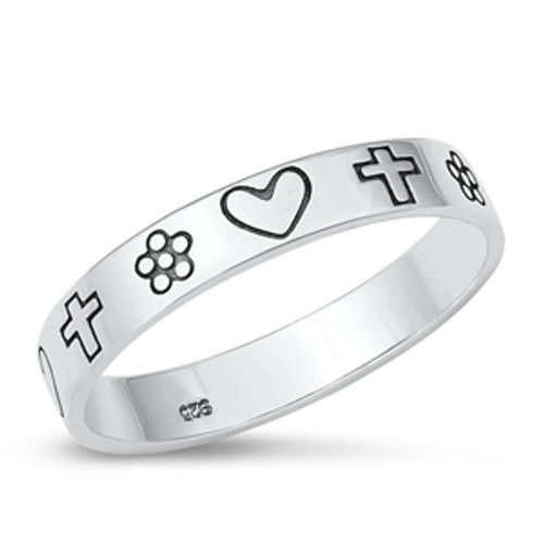 Silver Ring - Heart, Cross, Flower