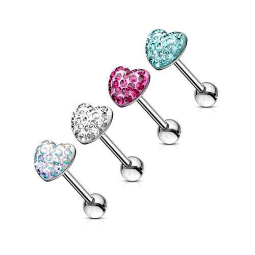 Assorted Heart Paved-Crystal on 316L Surgical Steel Barbell Dozen Pack