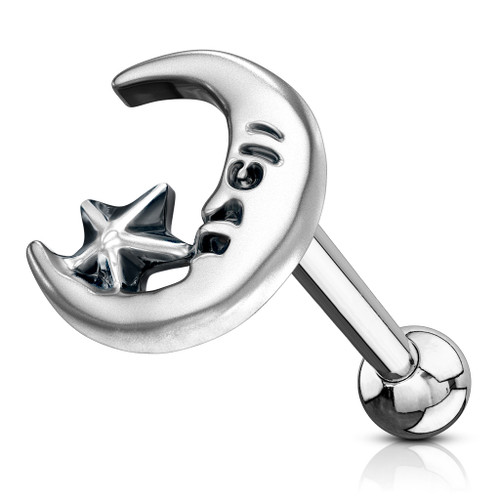 Moon and Star Antique Silver Plated Top 316L Surgical Steel Ear Cartilage Barbell