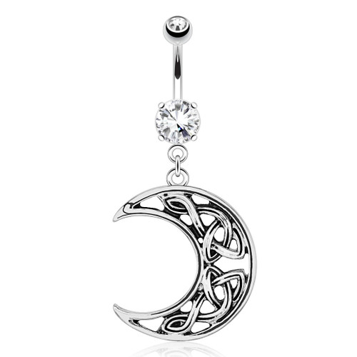 Crescent Moon with Weaving Pattern Dangle 316L Surgical Steel Navel Ring