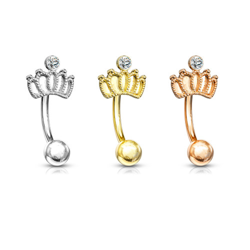 Crown with Crystal 316L Surgical Steel Curved Barbells, Eyebrow Rings