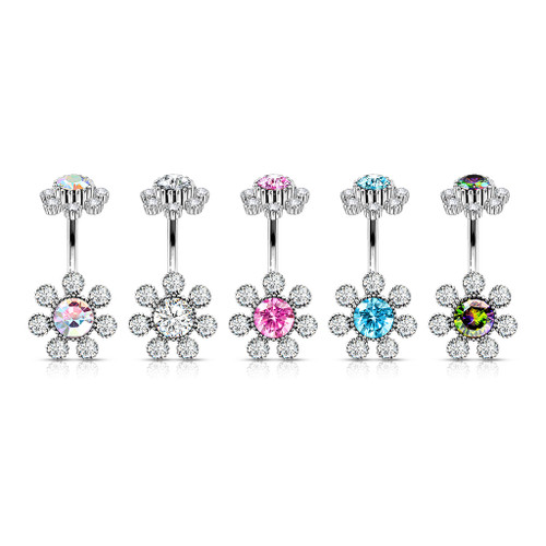 Colored Gem Petals Antique Flower with Internally Threaded Flower Navel Rings