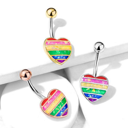 Rainbow Opal Heart 316L Surgical Steel Belly Button Navel Rings