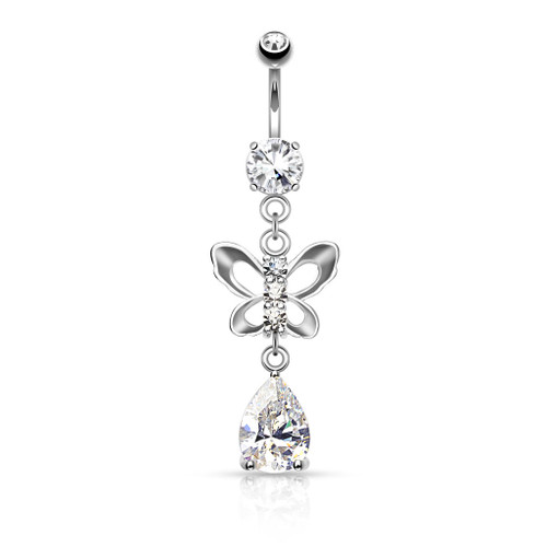 Clear CZ Paved Butterfly and Tear Drop Cut CZ Navel Ring