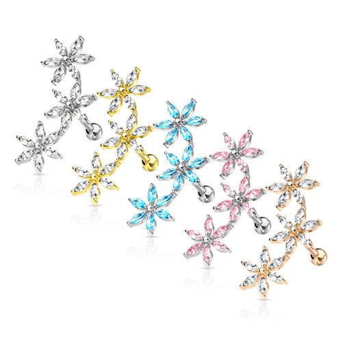 3 Marquise CZ Flowers 316L Surgical Steel Cartilage, Tragus Barbell Studs