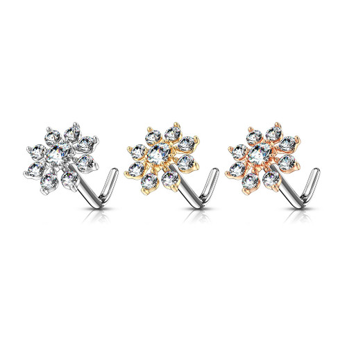 Double Tiered CZ Starburst Top 316L Surgical Steel L Bend Nose Stud Rings