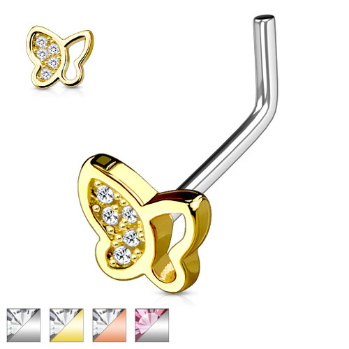 Hollow Half Paved CZ Butterfly Top 316L Surgical Steel L Bend Nose Ring
