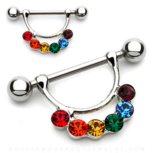 Nipple Rainbow Gem Attached 316L Surgical Steel Nipple Shield.