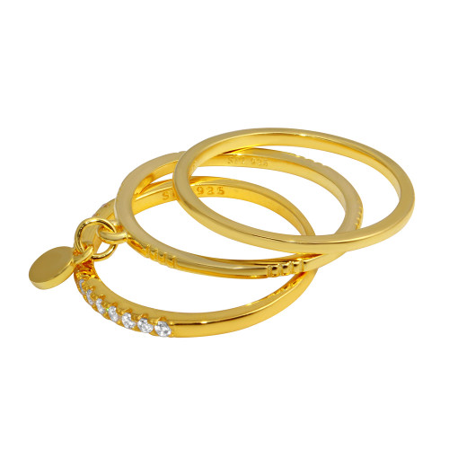 Sterling Silver 925 Gold Plated Tri CZ Stackable With Hanging Disc Ring - STR01106GP