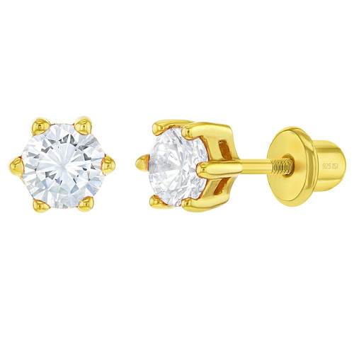 Sterling Silver Gold Plated CZ Prong Set Screw Back Earrings  4mm