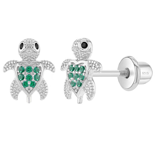 925 Sterling Silver Cubic Zirconia Cute Turtle Screw Back Earrings Stud for Little Girls & Young Teens