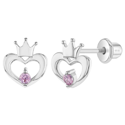 925 Sterling Silver Pink CZ Open Heart Crown Screw Back Earrings Toddlers Babies