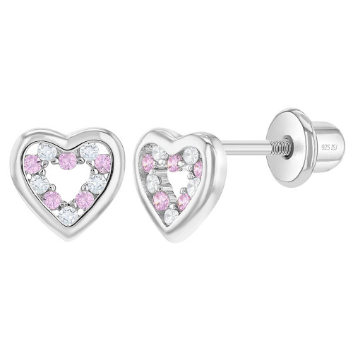 925 Sterling Silver CZ Clear Pink Heart Screw Back Earrings for Baby Girls & Toddler