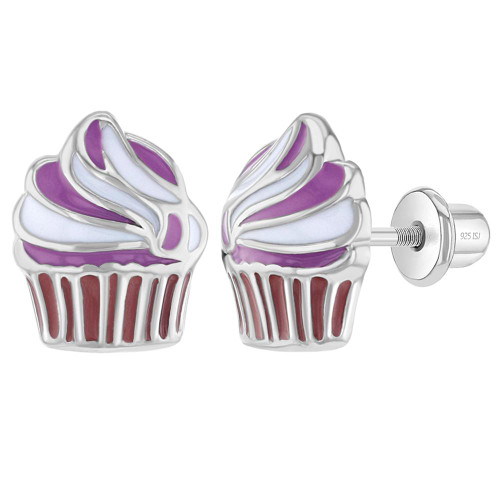 925 Sterling Silver Pink and White Enamel Cupcake Screw Back Earrings For Young Girls and Pre-Teens 11mm