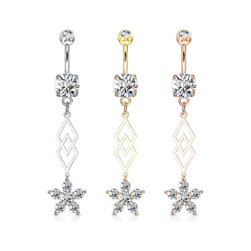 3 Six CZ Flower and Two Overlapping Diamonds Dangle 316L Surgical Steel Belly Button Navel Rings