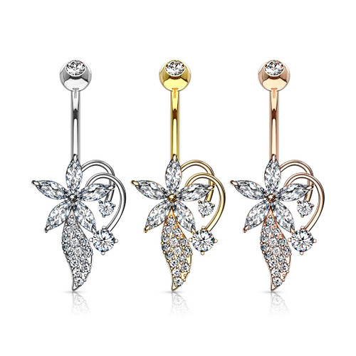 Five Marquise CZ Flower CZ Cluster Stem Bouquet 316L Surgical Steel Belly Button Navel Rings