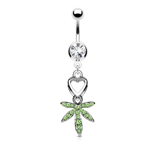 Heart and Gem Pave Pot Leaf Dangle with 316L Surgical Steel Navel