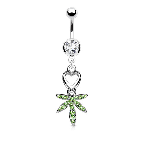 2 Heart and Gem Pave Pot Leaf Dangle with 316L Surgical Steel Navel