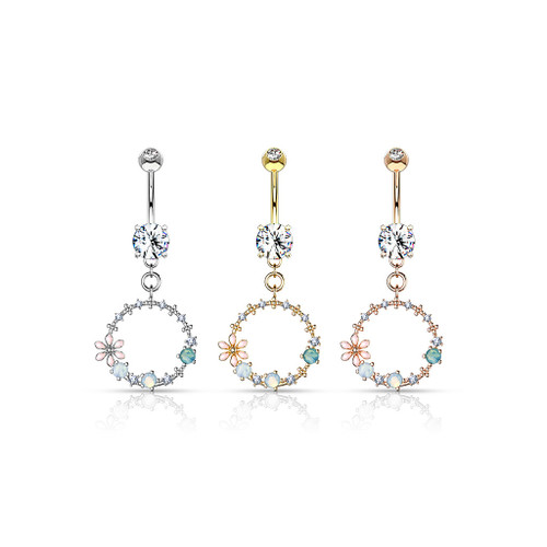 3 Double Jeweled Prong Set with Enamel Flowers and Opalite Stone Set Circular Dangle 316L Surgical Steel Belly Button Navel Rings
