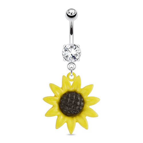 Metal Sunflower Dangle with CZ 316L Surgical Steel Navel Ring
