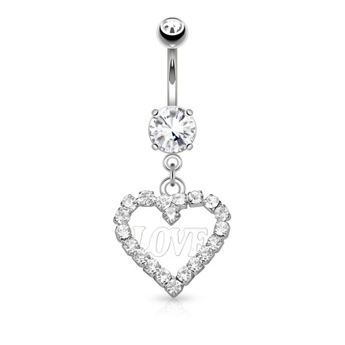 2 Crystal Paved Hollow Heart with Love Dangle 316L Surgical Steel Belly Button Navel Rings