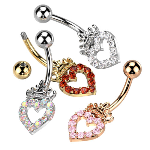 set Paved Hollow Heart and Crown 316L Surgical Steel Belly Button Navel Ring
