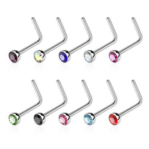 316L Surgical Steel "L" Bend Nose Stud Ring with Jewel set Half ball end