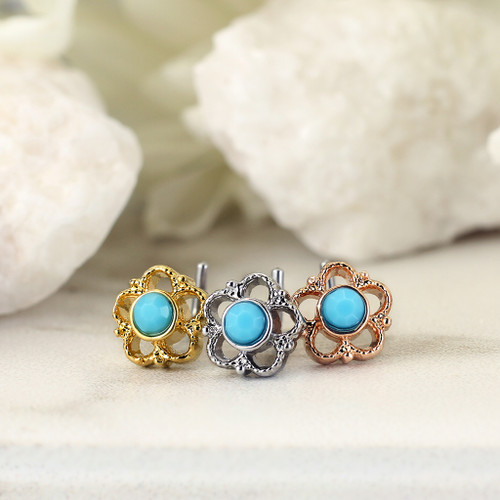 Flower Filigree Turquoise Center 316L Surgical Steel L Bend Nose Stud Rings