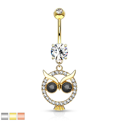 Crystal Paved Owl with Black Crystal Eyes Dangle 316L Surgical Steel Belly Button Navel Rings