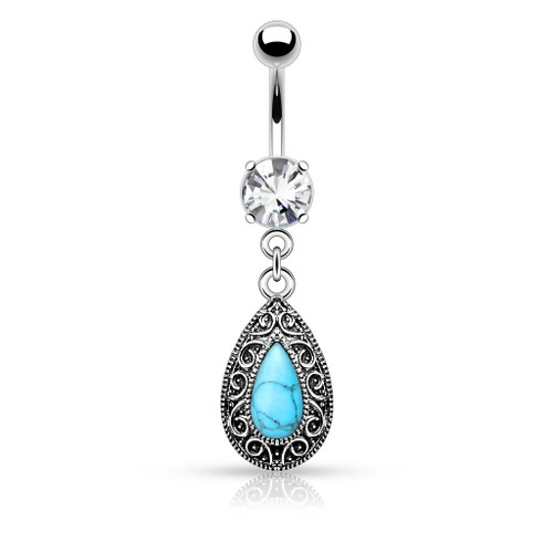 Turquoise Centered Vintage Tear Drop Dangle Belly Button Ring