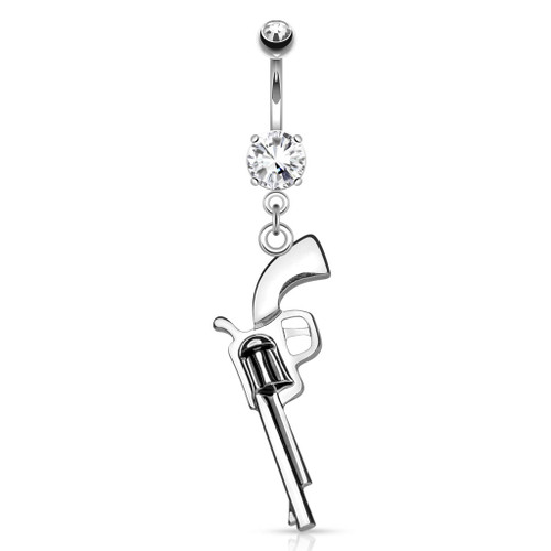 Gun Dangle CZ Prong Set 316L Surgical Steel Navel Rings