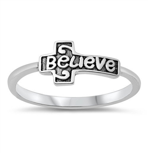 Sterling Silver Believe Cross Ring