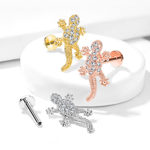 CZ Paved Lizard Top Internally Threaded 316L Surgical Steel Flat Back Studs for Labret, Monroe, Ear Cartilage and More